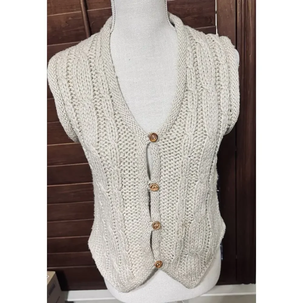 Vintage 80s Beige Sweater Vest Women’s Large Button Front Cable Knit - Picture 1 of 6